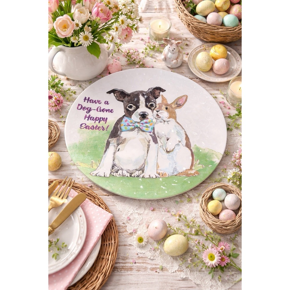 Spring Platter 15.5 Boston Terrier Bunny Have a Dog-Gone Happy Easter Serve Tray